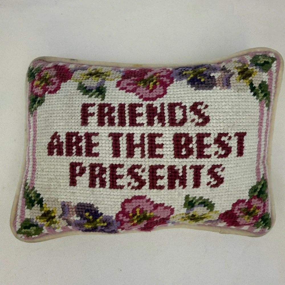 Vintage Needlepoint Pillow Friends Are The Best Presents Floral Pansy Decor 9x7